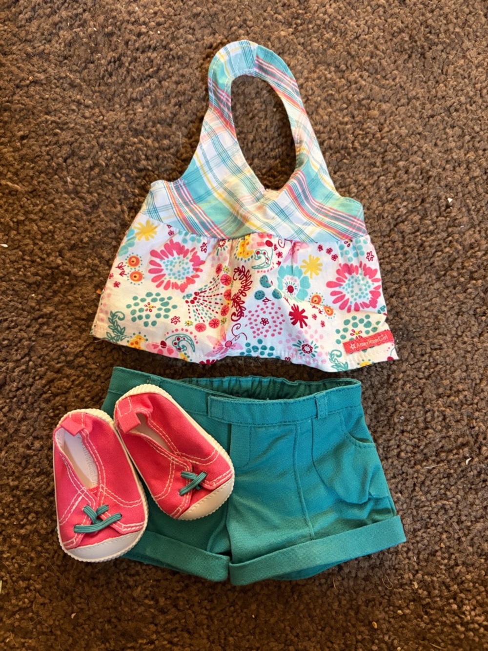 American Girl Floral Plaid Halter Top with Teal Shorts and Pink Slip-On Shoes
